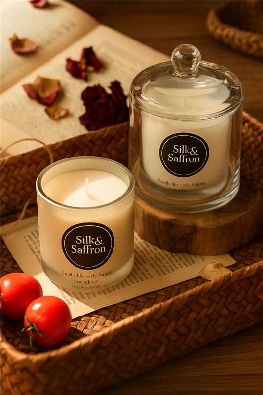 Natural soy candle burning safely in a living room setting