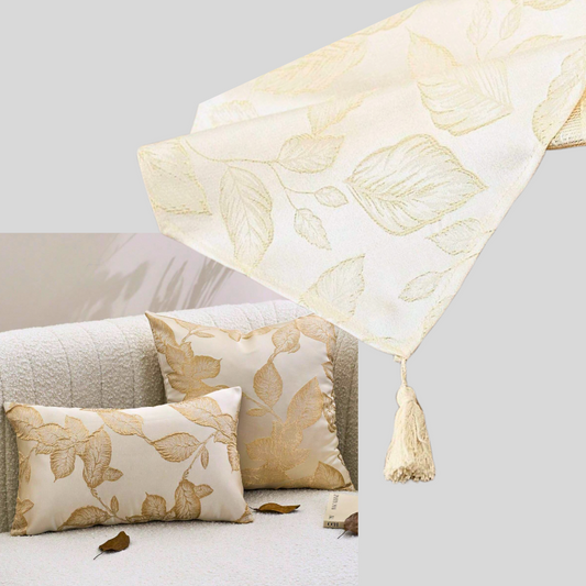 Artisan Gold Leaf Bundle - 1 Hand Embroidered Cushions & 1 Table Runner