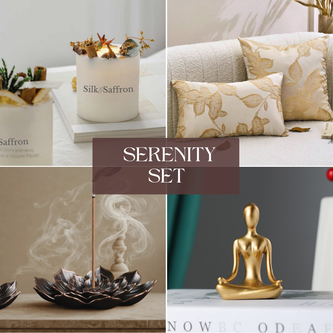 Serenity Set – Candle, Meditation Statue, Cushion Cover & Lotus Incense Holder