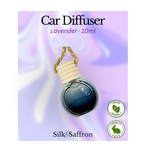 Car diffuser packaging with lavender scent on a white background