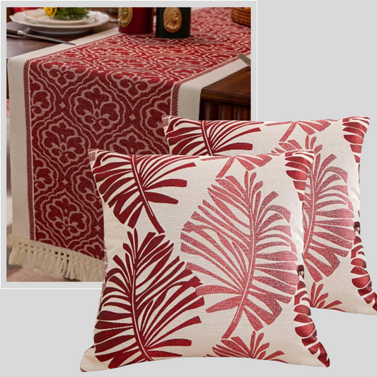 Botanical Designer Bundle - Monstera Print Cushions & Red Table Runner